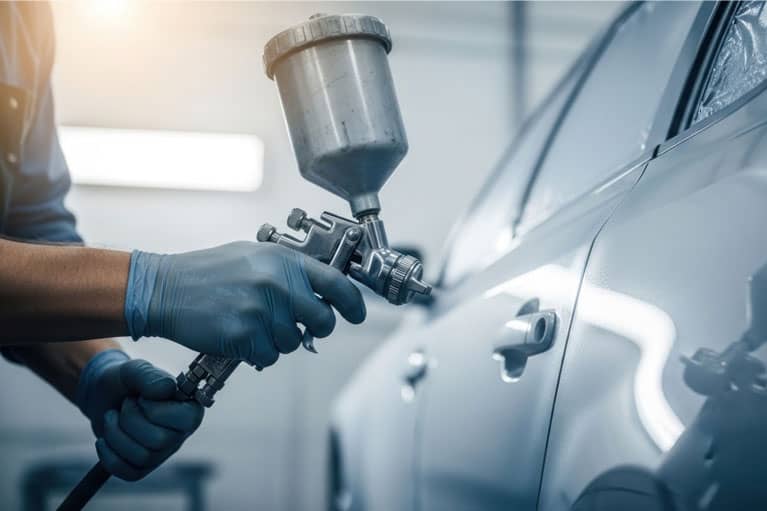 Mechanic donning gloves to work on a vehcile
